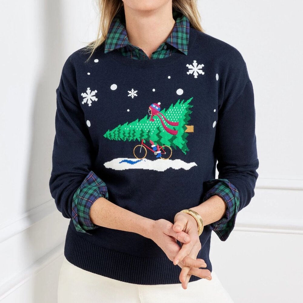 Talbots Christmas Sweater Tree Bike Embroidered XS Holiday